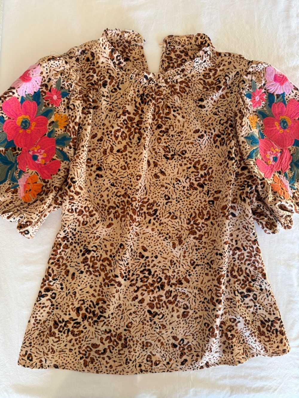 SHEIN Leopard Print Puff Sleeve Top with Floral Embroidered Sleeves M